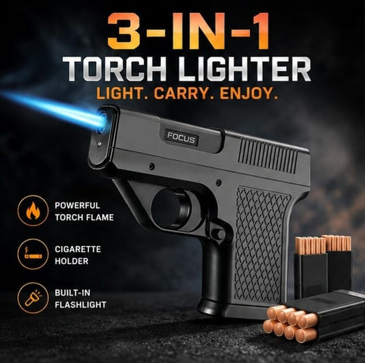 🔥 Premium 3-in-1 Premium Torch Lighter with Cigarette Holder & Flashlight | Powerful Windproof Blue Flame, Compact Pocket Design | BUY 1 GET 1 FREE